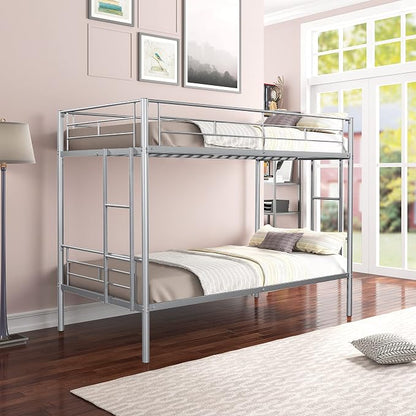 Metal Twin Over Twin Bunk Bed, Heavy-Duty Metal Bunk Bed, Noise Reduced Design/Safety Guardrail/2 Side Ladders/No Box Spring Needed (Silver)