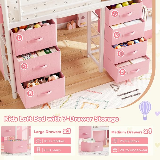 Low Loft Bed Twin Size with 7 Storage Drawers, Desk and LED Lights, Heavy Duty Metal Kids Loft Bed with 13.8" H Safety Guardrail, Anti-Collision Pad, Private Play Curtain, Under-Bed Play Space - Pink