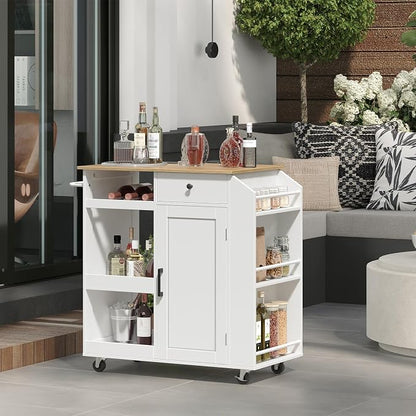MAHANCRIS Kitchen Island with Power Outlet, Kitchen Storage Island with Drawer, Rolling Kitchen Cart on Wheels, Spice Rack, Towel Rack, Wine Rack, for Dining Room, White and Natural KINW122E01N1