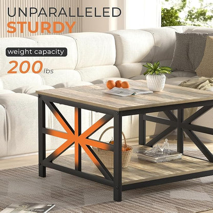 GreenForest Living Room Coffee Table with 2 Tier Storage | X Metal Frame Square Center Table with Seamless One-Piece Tabletop,27.55 inch Sofa Table,Scratch-resistant,Gray Wash