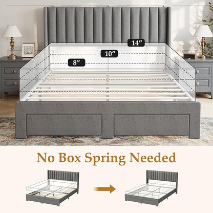 IDEALHOUSE Full Bed Frame with Wingback Headboard, Velvet Upholstered Platform Bed with 2 Storage Drawers, Vertical Tufted Headboard Design, Wooden Slats Support, No Box Spring Needed, Grey