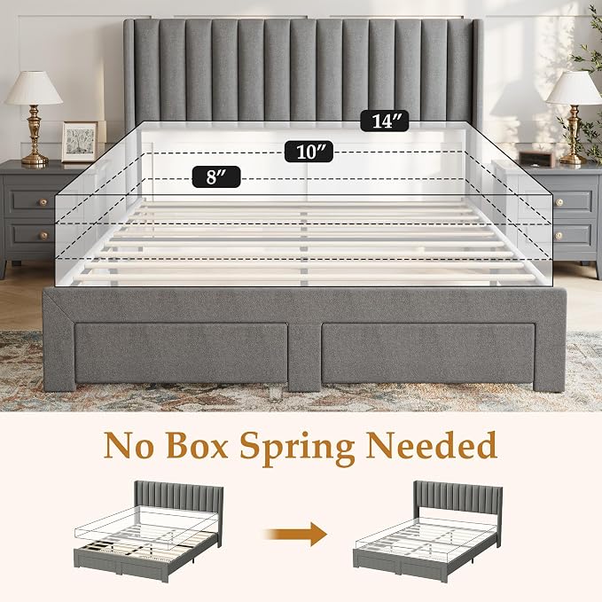GAOMON Full Size Upholstered Platform Bed Frame with 2 Under-Bed Storage Drawers, Velvet Wingback Headboard, No Box Spring Needed, Sturdy & Noise-Free, Grey