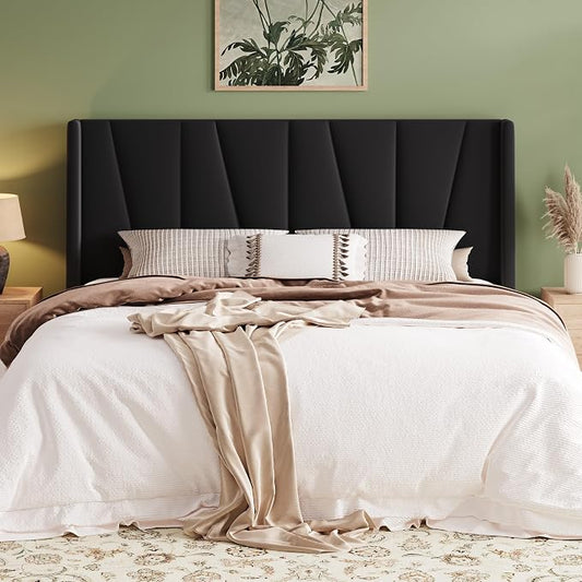 Allewie King Size Platform Velvet Bed Frame with Geometric Wingback Headboard, Boho Upholstered Bed with Wooden Slats Support, No Box Spring Needed, Easy Assembly, Black