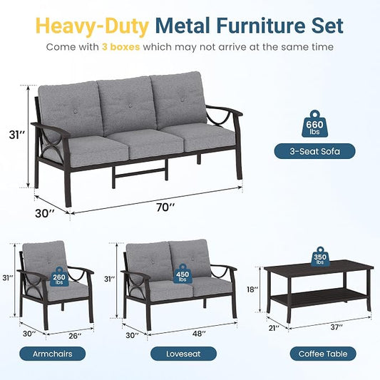 RoyalCraft Outdoor Patio Furniture Set, 7 Seats Outdoor Patio Set with 4" Thick Cushion, All-Weather Metal Patio Sofa with Coffee Table, Outdoor Sectional Furniture for Backyard Porch, Khaki&Grey