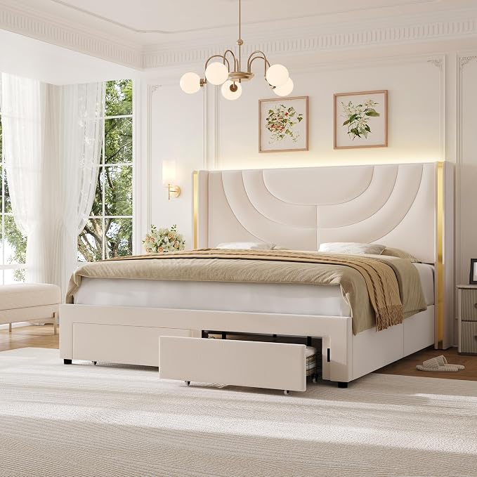 HITHOS Queen Upholstered LED Bed Frame with 2 Storage Drawers, Velvet Platform Bed with Wingback Headboard, Solid Wooden Slats Support, No Box Spring Needed, Headboard Splicing Design, Beige
