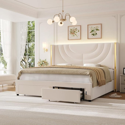 HITHOS Queen Upholstered LED Bed Frame with 2 Storage Drawers, Velvet Platform Bed with Wingback Headboard, Solid Wooden Slats Support, No Box Spring Needed, Headboard Splicing Design, Beige