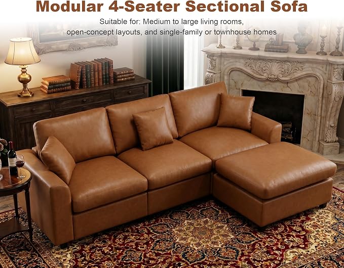 100" Faux Leather Modular Sectional Sofa for Living Room, Oversized 3 Seater L Shaped Cloud Couch with Ottoman, Extra Large Deep Seat, Pet-Friendly, Easy to Clean, Brown