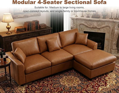 100" Faux Leather Modular Sectional Sofa for Living Room, Oversized 3 Seater L Shaped Cloud Couch with Ottoman, Extra Large Deep Seat, Pet-Friendly, Easy to Clean, Brown