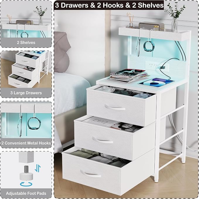 Night Stand with Charging Station Set of 2, LED Nightstand Bedside Table with USB Ports and Outlets, 3 Fabric Drawer End Side Table Night Stand Set 2 for Bedroom with Storage Shelf and 2 Hooks, White