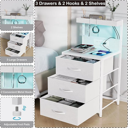 Night Stand with Charging Station Set of 2, LED Nightstand Bedside Table with USB Ports and Outlets, 3 Fabric Drawer End Side Table Night Stand Set 2 for Bedroom with Storage Shelf and 2 Hooks, White