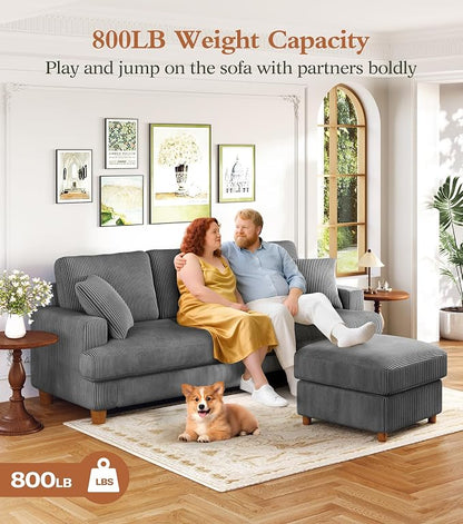 Kidirect 87in L Shaped Couch, Modular Sofa No Tool Assembly, Comfy Sectional Couches for Living Room 21in Deeper Seats, Corduroy Sofas for Living Room with 2 Pillows, Loveseat Sofa Set, Grey Couch