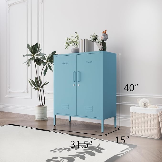 Blue 3 Tier Metal Storage Cabinet with Legs, Lockable 2 Door Metal Locker, Heavy Duty Multipurpose Accent Storage Cabinet with 2 Adjustable Shelves for Home, Office, Entryway and Hallway