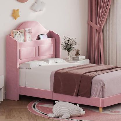 Garveehome Twin Bed Frame for Kids, Upholstered Velvet Princess Platform Bed for Boys/Girls with Wingback, Storage Bookcase Headboard & LED Light, No Box Spring Needed, Noise-Free, Easy Assembly, Pink