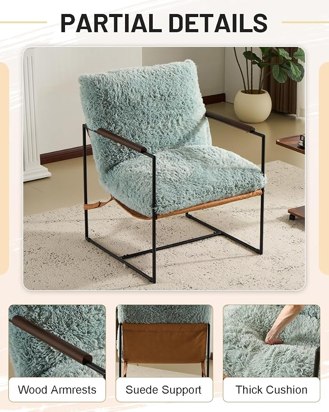 Karl home Modern Metal Frame Accent Chair, Teal | Plush Fleece Upholstered, Wood Padded Armrest, 28" Seat Width, Comfy Lounge Armchair for Living Room, Bedroom, Apartment