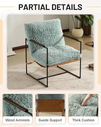 Karl home Modern Metal Frame Accent Chair, Teal | Plush Fleece Upholstered, Wood Padded Armrest, 28" Seat Width, Comfy Lounge Armchair for Living Room, Bedroom, Apartment