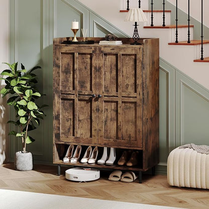 Shoe Storage Cabinet with 2 Doors, 6-Tier Shoe Cabinet with 3 Adjustable Shelves and Metal Legs, 45'' Tall Shoe Rack Organizer Cabinet for Entryway, Front Door, Rustic Brown