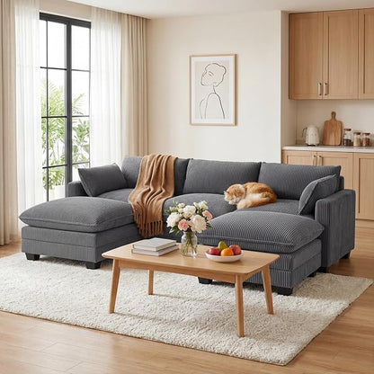 Gizoon 110'' U Shaped Corduroy Comfy Sectional Couches for Living Room 3 Seater Cloudy Sofa with 2 Movable Ottomans Pet Friendly Cloud Couch for for Living Room Bedroom and Apartment, Gray