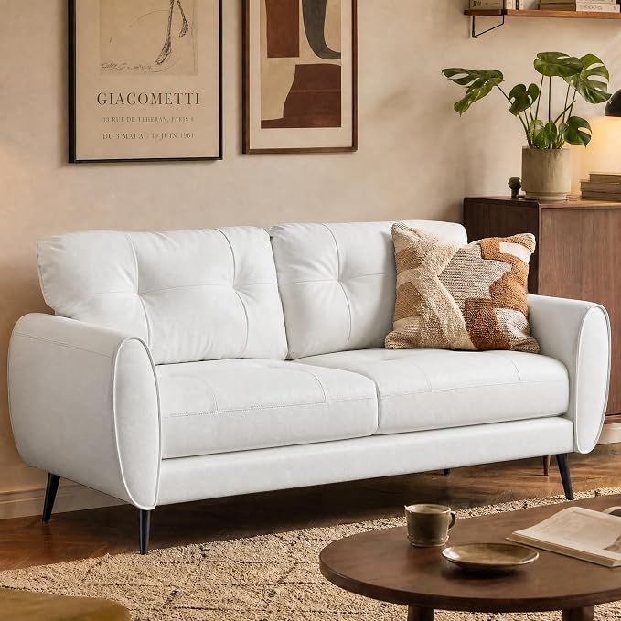 TYBOATLE 61" Loveseat Couches for Living Room, White Faux Leather Couch Mid Century Modern Tufted Mini Sofa Comfy Office 2 Seat Settee Love Seat Small Couches for Small Spaces Bedroom, White