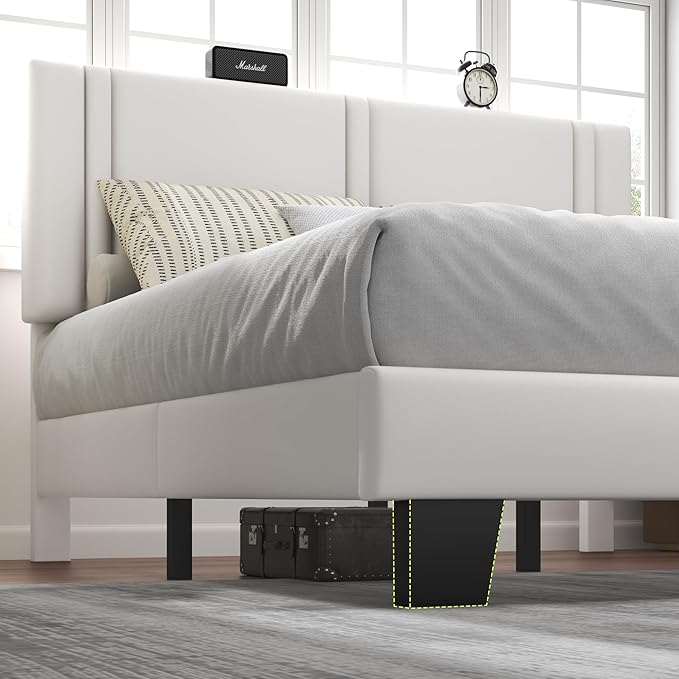 Feonase Full Size Platform Bed Frame, Velvet Upholstered Full Bed Frame, Solid Wood Slats & Heavy Duty Feet Support, No Box Spring Needed, Noise-Free, Easy Assembly, White