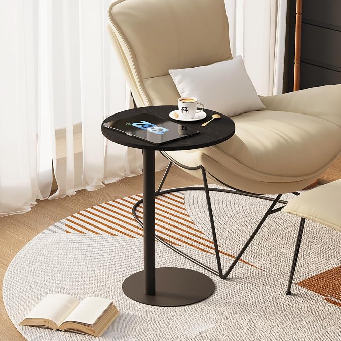 C Shaped End Table, Round Side Table, Small Drink Tv Tray Table for Small Spaces,Modern Accent Nightstand with Metal Leg for Living Room, Bedroom, Corners, and Office(Black)