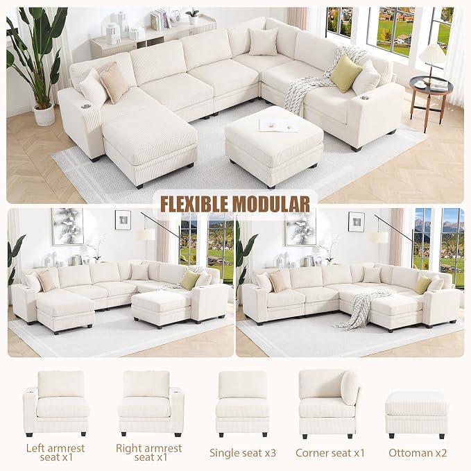 127" Modular Sectional Sofa with Storage, Corduroy 8-Seater V-Shaped Sofa with Ottoman Chaise, Convertible L-Shaped U-Shaped Cloud Sectional Couches for Living Room, Apartment
