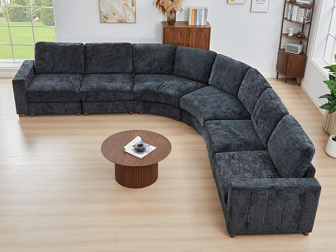 ORRD Oversized Curved Sectional Sofa, Convertible L Shaped Couch with Deep Seat, Boucle Modular Sectional Sofa with Pillows, Curved Chenille Comfy Corner 6 Seat Couch for Living Room, Black Blue