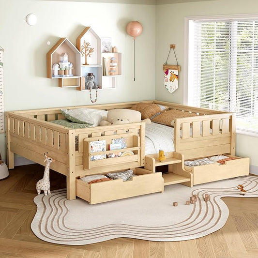 Bellemave Queen Bed with Storage Drawers & Bookshelf, Low Profile Kids Bed Frame with Staircase & Full Length Guardrails, Solid Wood Queen Bed for Kids with Slats Load 550LBS, Easy Assembly, Natural