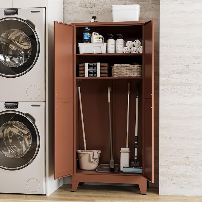 Farmhouse Pantry Cabinet with Barn Doors, 71" H x 31.5" W, 5-Tier Metal Storage Cabinet with 4 Adjustable Shelves for Kitchen Garage Dining Room,Brown 1 Pack