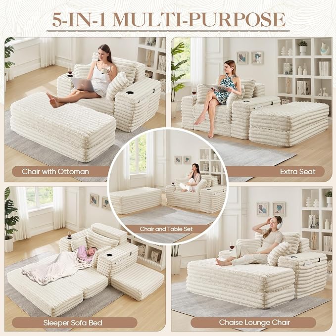5-In-1 Oversized Chaise Lounge Chair Indoor with Ottoman,54.5"W Faux Fur Convertible Folding Sleeper Sofa Bed with Cup Holder&Side Pocket,Comfy Boneless Couch Sofa Chair for Living Room,Bedroom(Beige)