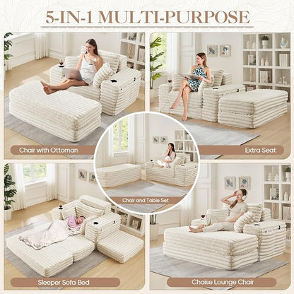 5-In-1 Oversized Chaise Lounge Chair Indoor with Ottoman,54.5"W Faux Fur Convertible Folding Sleeper Sofa Bed with Cup Holder&Side Pocket,Comfy Boneless Couch Sofa Chair for Living Room,Bedroom(Beige)