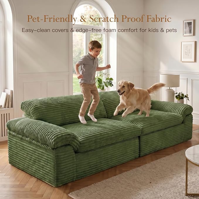 Vesgantti 118" Boneless Couches for Living Room, Modular Sectional Couch in Corduory | Memory Foam | No Assembly Required, Deep Seat Cloud Sofa for Apartment, Office (Dark Green)
