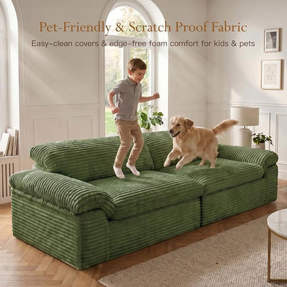 Vesgantti 118" Boneless Couches for Living Room, Cloud Sectional Couch & Deep Seat, 3 Seater Comfy Corduroy Modular Sofa, Modern Slouch Couch, No Assembly Required, Green