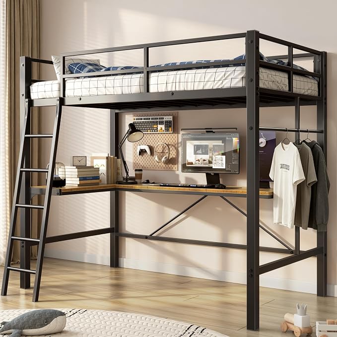 Cryrature Twin Size Loft Bed with L-Shaped Desk & Charging Station,Heavy Duty Metal Twin Loft Bed Frame with Safety Guardrail & Ladders, No Box Spring Needed,Black
