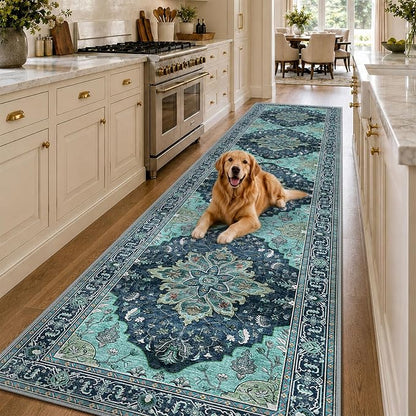 RELEANY Area Rugs Runner 3'x12' Washable Non-Slip, Floral Vintage Distress Medallion Carpet for Kitchen Hallway Bedroom Beside Laundry Room Bathroom, Teal Green Lake Blue Turquoise