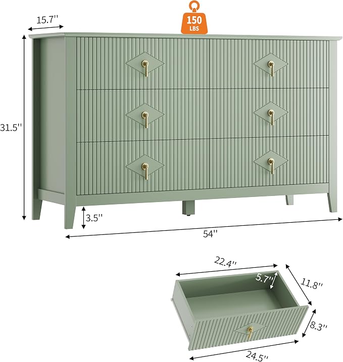GarveeHome Fluted Dresser for Bedroom, 54 Inch Wide 6-Drawer Wood Dresser, Modern Chest of Drawers, Storage Organizer Cabinet for Living Room, Hallway, Entryway, Green