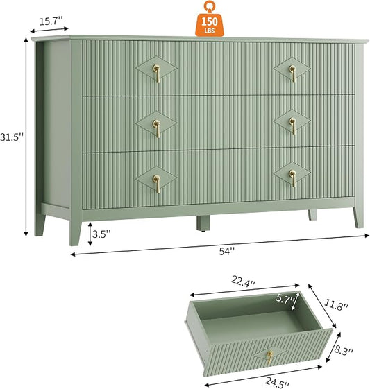 GarveeHome Fluted Dresser for Bedroom, 54 Inch Wide 6-Drawer Wood Dresser, Modern Chest of Drawers, Storage Organizer Cabinet for Living Room, Hallway, Entryway, Green