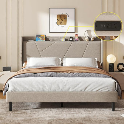 King Size Linen Bed Frame, Storage Headboard with Charging Station, Upholstered Platform Bed with Wooden Slats Support, Solid and Stable, Noise Free, No Box Spring Needed, Easy Assembly, Beige