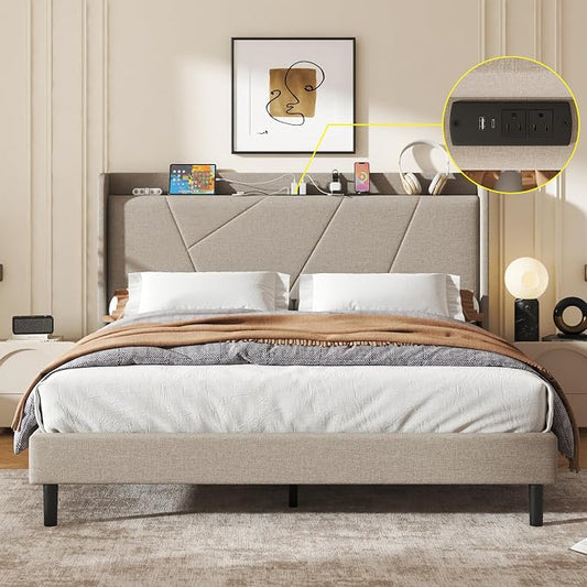 King Size Linen Bed Frame, Storage Headboard with Charging Station, Upholstered Platform Bed with Wooden Slats Support, Solid and Stable, Noise Free, No Box Spring Needed, Easy Assembly, Beige