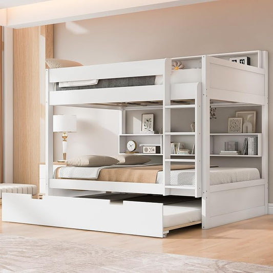 Harper & Bright Designs Rustic Wood Bunk Bed with Pull-Out Trundle, Full Over Full Wooden Bunk Bed with Large Cabinet Beside Upper and Down Bed, White