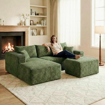 JINGLING 94" U Shaped Boneless Sectional Couch Set for Living Room, Plush Corduroy Modular Sofa with Ottoman, Small Space Apartment Couch, No Assembly, Left Facing Chaise, Green