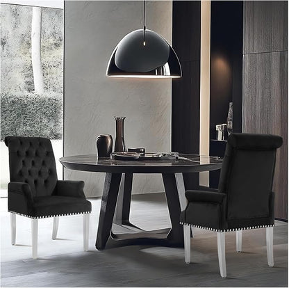 AODCHR Velvet Dining Chairs with Arms, Upholstered Accent Dining Room Chair, Tufted Kitchen Arm Chair with Stainless Steel Leg, Black