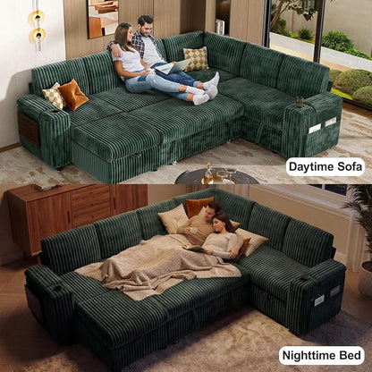 Vipbear 111" Modular Sectional Sleeper Sofa with Pull Out Bed, 7 Seat Corduroy L Shaped Couch with Ottoman|USB Ports|Cup Holders|Side Table|Storage Armrest, Tool Free Assembly, Green