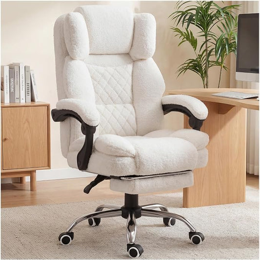 GTPLAYER Big and Tall Office Chair with Pocket Spring Cushion & Ergonomic Lumbar Support for Lower Back Pain Relief, High Back Computer Gaming Chair with Foot Rest, Comfy Teddy Fleece, White