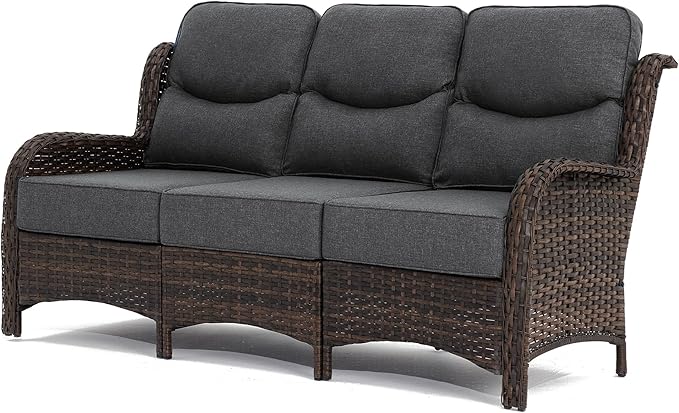 HILLGA Luxury Outdoor Furniture High Back Patio Sofa, Oversized 3-Seater Couch with 6'' Thick Cushions, Ideal for Porch, Poolside, Deck, and Yard (Dark Gray)