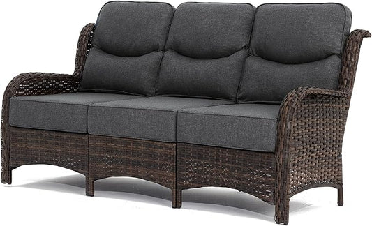 HILLGA Luxury Outdoor Furniture High Back Patio Sofa, Oversized 3-Seater Couch with 6'' Thick Cushions, Ideal for Porch, Poolside, Deck, and Yard (Dark Gray)