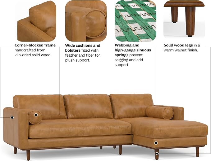 SIMPLIHOME Morrison Right Sectional Sofa in Full-Grain Genuine Leather, Sienna, 102-inches Wide, L-Shaped Leather Couch with Right Chaise for the Living Room and Family Room