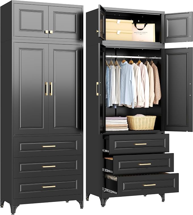 SteeLoong 86" Metal Armoire Wardrobe Closet with 3 Drawers,Tall Clothing Storage Cabinet with Adjustable Shelves and Hanging Rod,Black Wardrobe Closet for Bedroom,Home,Bathroom,Gym