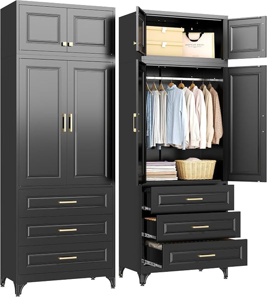 SteeLoong 86" Metal Armoire Wardrobe Closet with 3 Drawers,Tall Clothing Storage Cabinet with Adjustable Shelves and Hanging Rod,Black Wardrobe Closet for Bedroom,Home,Bathroom,Gym