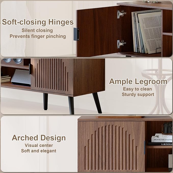 ChooChoo TV Stand for Living Room, Mid Century Modern TV Stand for 55/60 Inch TVs, Entertainment Center with Storage Cabinet and Open Shelves, TV Console Table Media Cabinet for Bedroom, Walnut