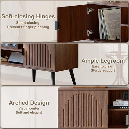 ChooChoo TV Stand for Living Room, Mid Century Modern TV Stand for 55/60 Inch TVs, Entertainment Center with Storage Cabinet and Open Shelves, TV Console Table Media Cabinet for Bedroom, Walnut